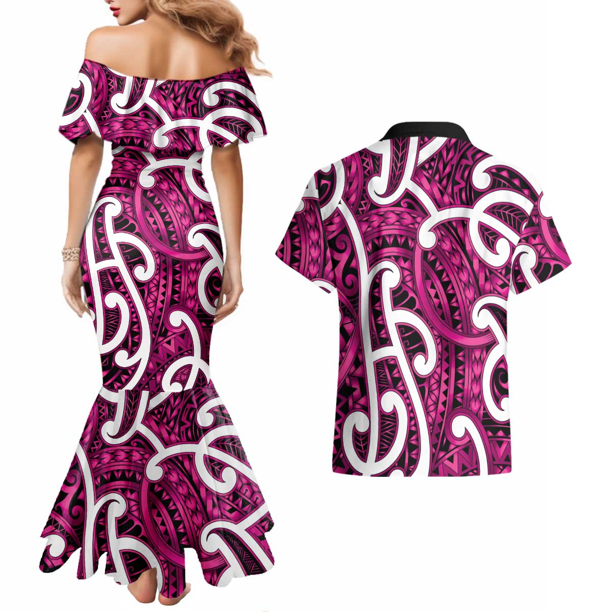 Aotearoa Maori Kowhaiwhai Couples Matching Mermaid Dress and Hawaiian Shirt Mawhero Puhoro and Patiki LT9 - Polynesian Pride