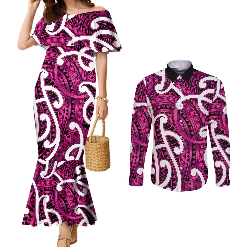 Aotearoa Maori Kowhaiwhai Couples Matching Mermaid Dress and Long Sleeve Button Shirt Mawhero Puhoro and Patiki LT9 Pink - Polynesian Pride