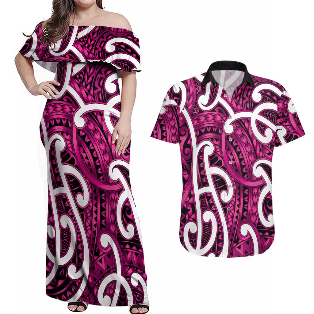 Aotearoa Maori Kowhaiwhai Couples Matching Off Shoulder Maxi Dress and Hawaiian Shirt Mawhero Puhoro and Patiki