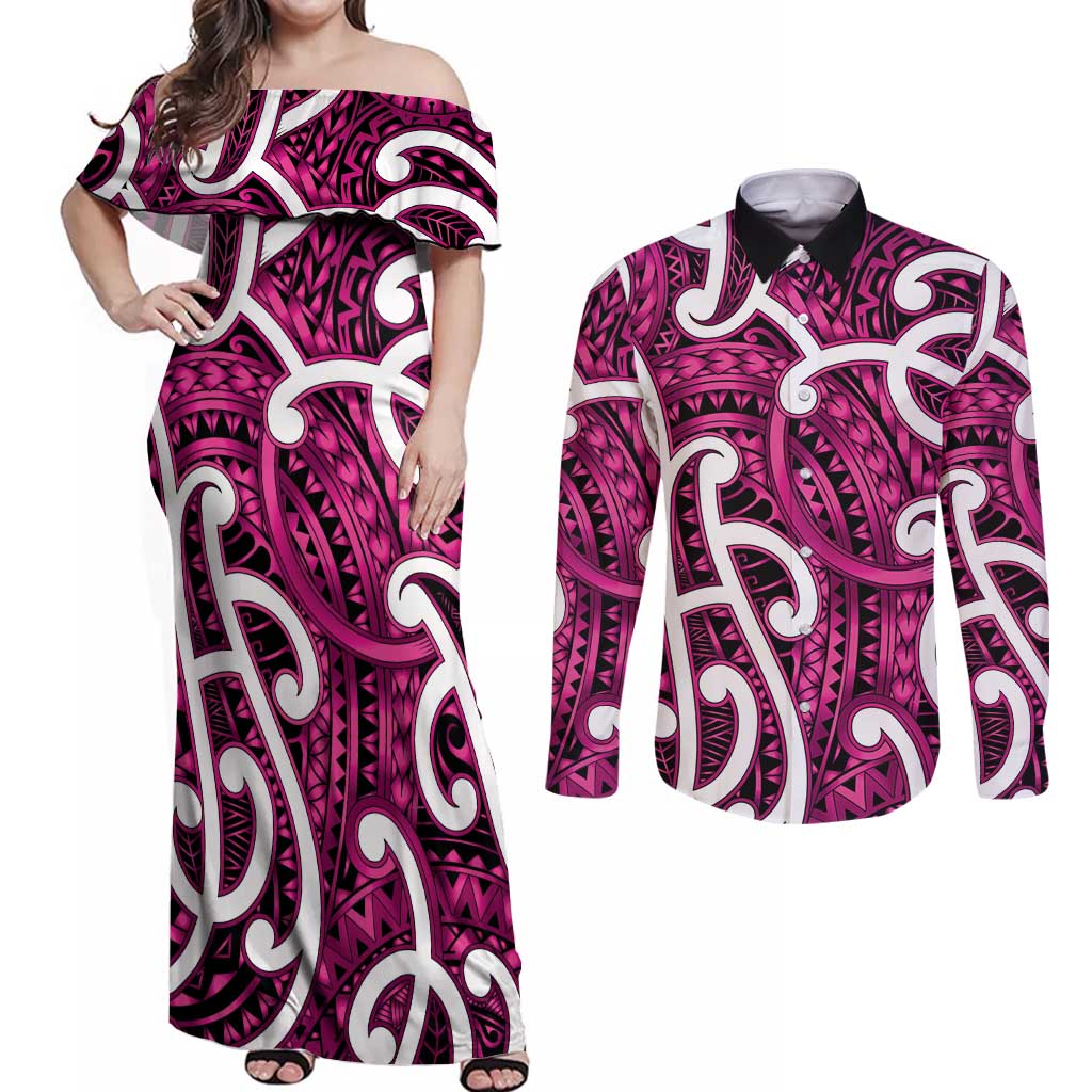 Aotearoa Maori Kowhaiwhai Couples Matching Off Shoulder Maxi Dress and Long Sleeve Button Shirt Mawhero Puhoro and Patiki LT9 Pink - Polynesian Pride