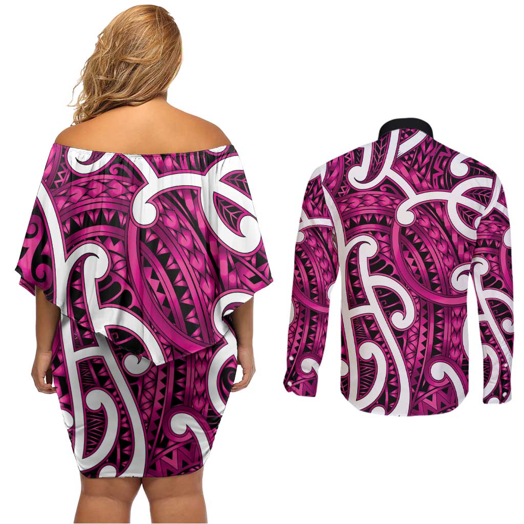 Aotearoa Maori Kowhaiwhai Couples Matching Off Shoulder Short Dress and Long Sleeve Button Shirt Mawhero Puhoro and Patiki LT9 - Polynesian Pride
