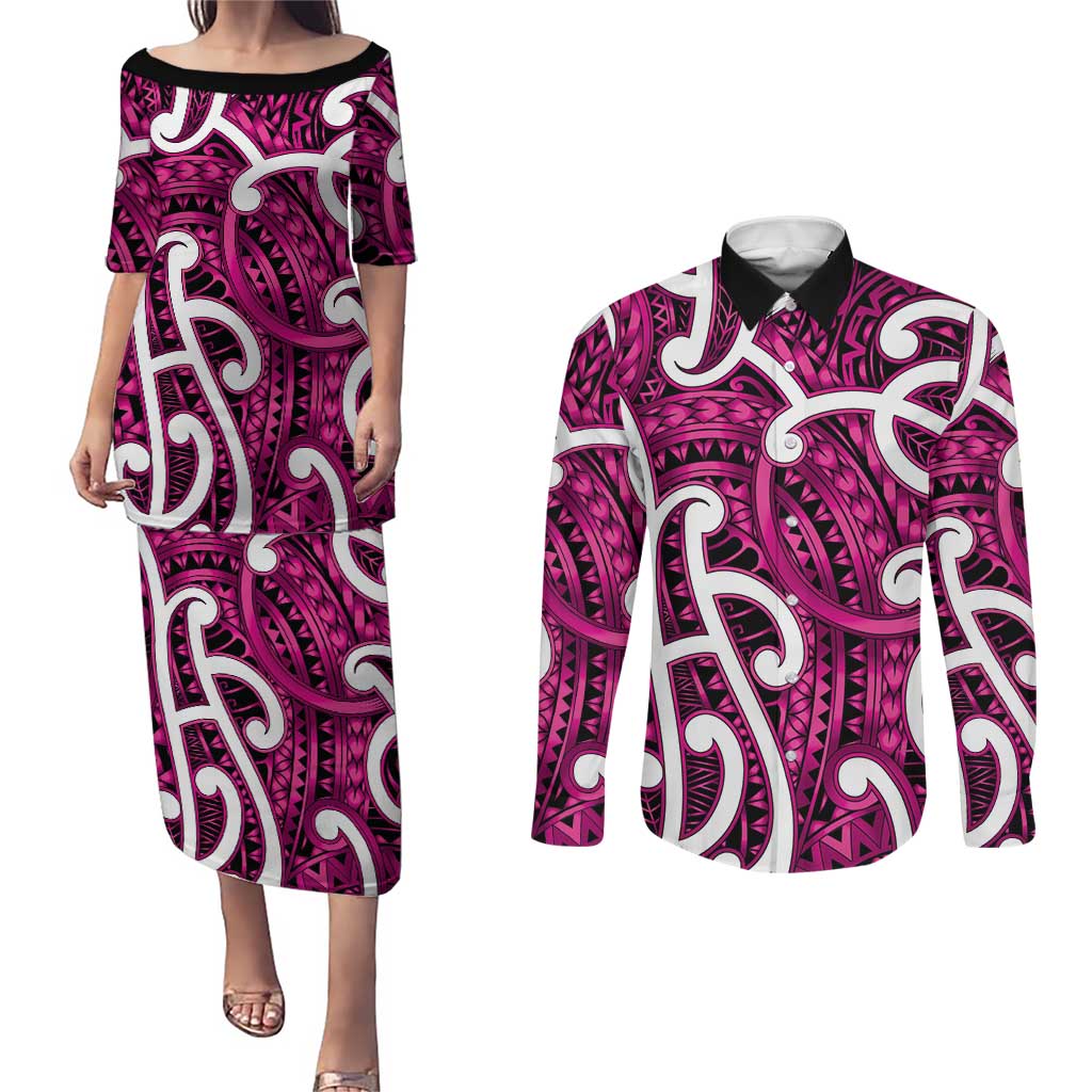 Aotearoa Maori Kowhaiwhai Couples Matching Puletasi and Long Sleeve Button Shirt Mawhero Puhoro and Patiki LT9 Pink - Polynesian Pride