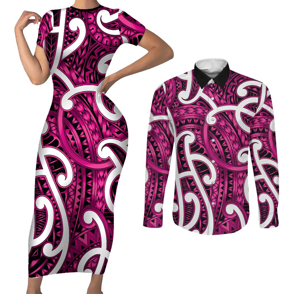 Aotearoa Maori Kowhaiwhai Couples Matching Short Sleeve Bodycon Dress and Long Sleeve Button Shirt Mawhero Puhoro and Patiki LT9 Pink - Polynesian Pride