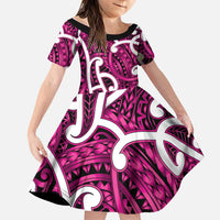 Aotearoa Maori Kowhaiwhai Family Matching Long Sleeve Bodycon Dress and Hawaiian Shirt Mawhero Puhoro and Patiki LT9 Daughter's Dress Pink - Polynesian Pride
