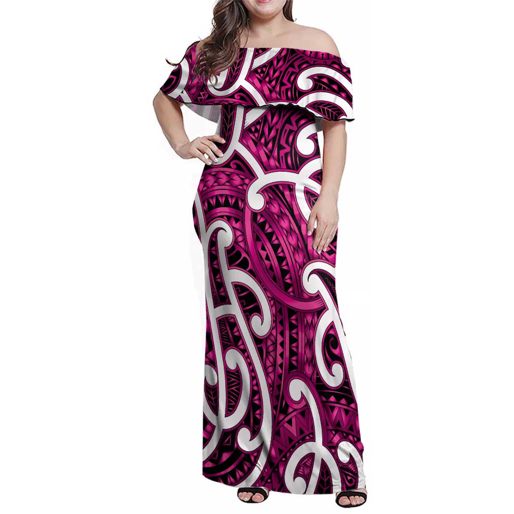 Aotearoa Maori Kowhaiwhai Family Matching Off Shoulder Maxi Dress and Hawaiian Shirt Mawhero Puhoro and Patiki LT9 Mom's Dress Pink - Polynesian Pride