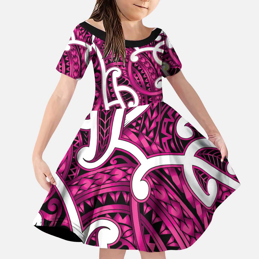 Aotearoa Maori Kowhaiwhai Family Matching Off Shoulder Short Dress and Hawaiian Shirt Mawhero Puhoro and Patiki LT9 Daughter's Dress Pink - Polynesian Pride