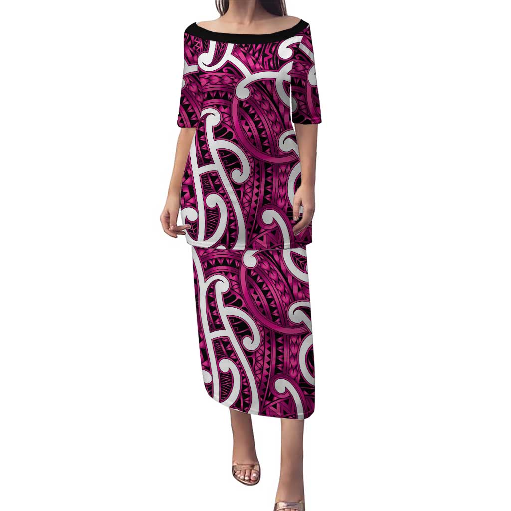 Aotearoa Maori Kowhaiwhai Family Matching Puletasi and Hawaiian Shirt Mawhero Puhoro and Patiki LT9 Mom's Dress Pink - Polynesian Pride