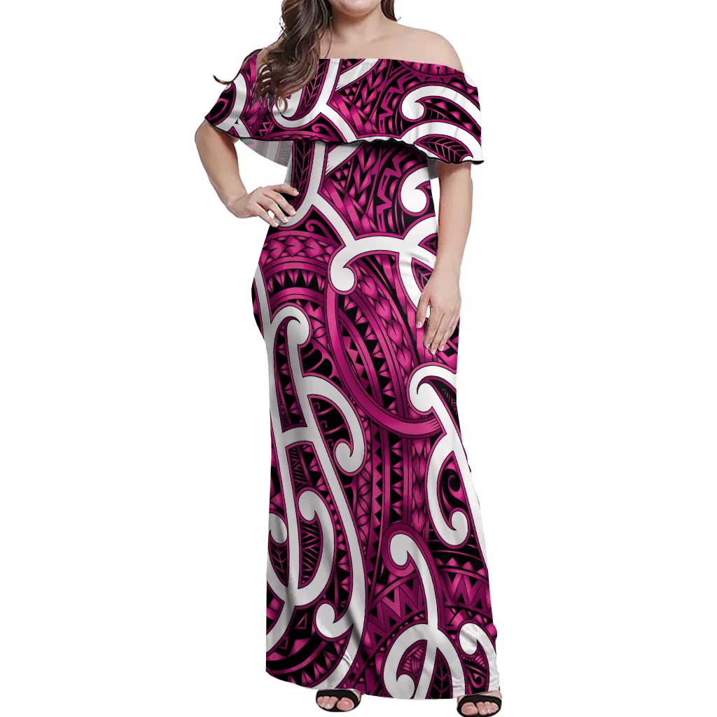 Aotearoa Maori Kowhaiwhai Off Shoulder Maxi Dress Mawhero Puhoro and Patiki
