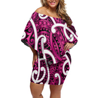 Aotearoa Maori Kowhaiwhai Off Shoulder Short Dress Mawhero Puhoro and Patiki LT9 Women Pink - Polynesian Pride