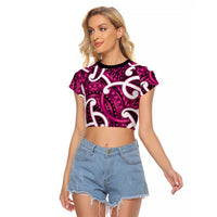 Aotearoa Maori Kowhaiwhai Raglan Cropped T Shirt Mawhero Puhoro and Patiki LT9 Female Pink - Polynesian Pride