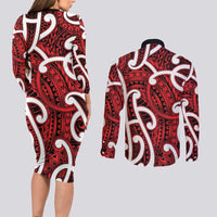 Aotearoa Maori Kowhaiwhai Couples Matching Long Sleeve Bodycon Dress and Long Sleeve Button Shirt Whero Puhoro and Patiki LT9 - Polynesian Pride