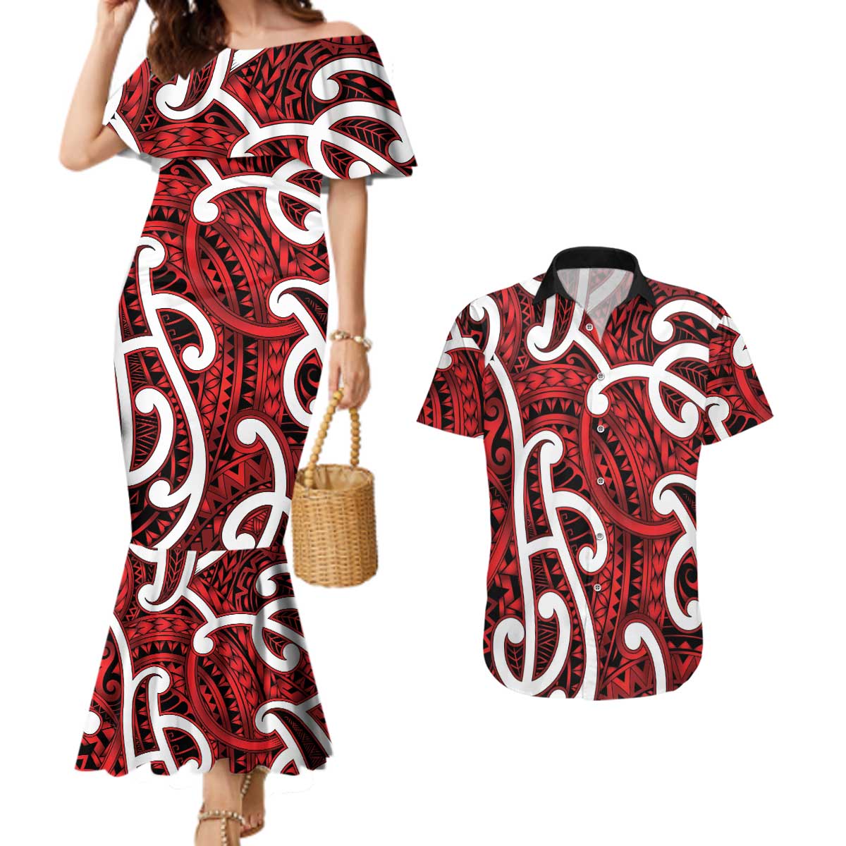Aotearoa Maori Kowhaiwhai Couples Matching Mermaid Dress and Hawaiian Shirt Whero Puhoro and Patiki LT9 Red - Polynesian Pride