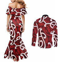 Aotearoa Maori Kowhaiwhai Couples Matching Mermaid Dress and Long Sleeve Button Shirt Whero Puhoro and Patiki LT9 - Polynesian Pride