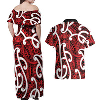 Aotearoa Maori Kowhaiwhai Couples Matching Off Shoulder Maxi Dress and Hawaiian Shirt Whero Puhoro and Patiki LT9 - Polynesian Pride