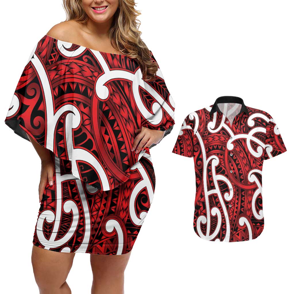 Aotearoa Maori Kowhaiwhai Couples Matching Off Shoulder Short Dress and Hawaiian Shirt Whero Puhoro and Patiki LT9 Red - Polynesian Pride