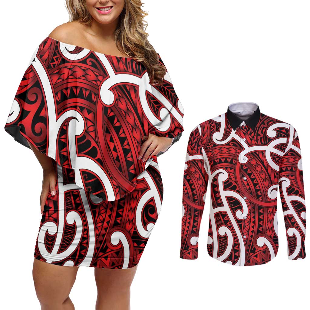 Aotearoa Maori Kowhaiwhai Couples Matching Off Shoulder Short Dress and Long Sleeve Button Shirt Whero Puhoro and Patiki LT9 Red - Polynesian Pride