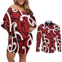Aotearoa Maori Kowhaiwhai Couples Matching Off Shoulder Short Dress and Long Sleeve Button Shirt Whero Puhoro and Patiki LT9 Red - Polynesian Pride