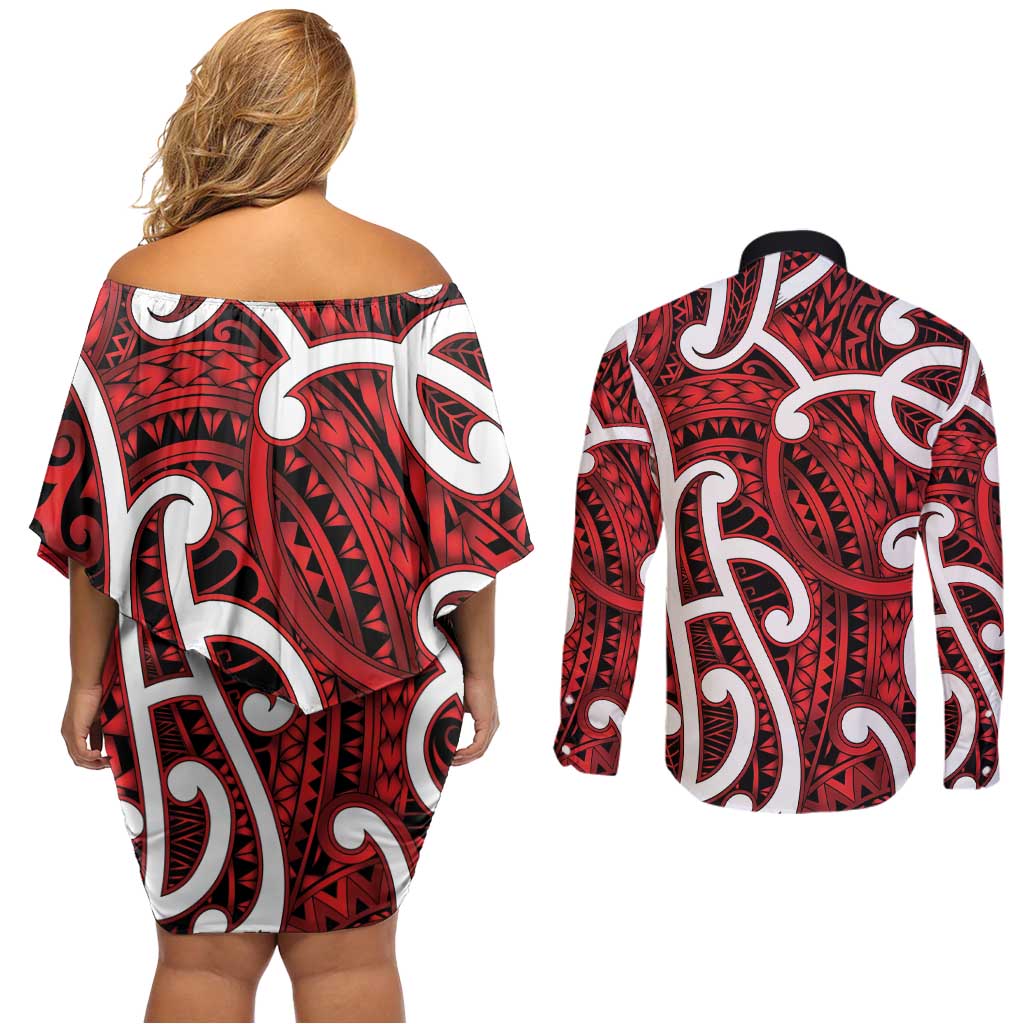 Aotearoa Maori Kowhaiwhai Couples Matching Off Shoulder Short Dress and Long Sleeve Button Shirt Whero Puhoro and Patiki LT9 - Polynesian Pride