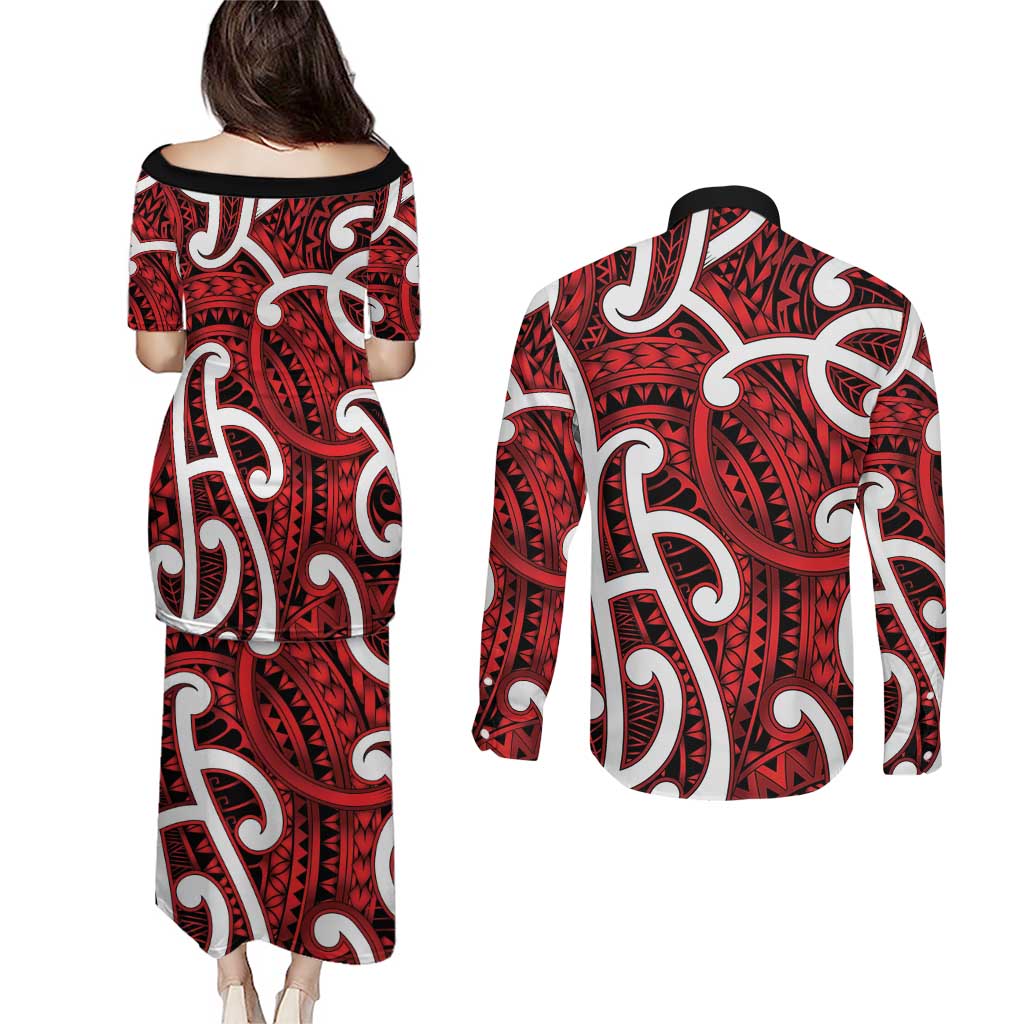 Aotearoa Maori Kowhaiwhai Couples Matching Puletasi and Long Sleeve Button Shirt Whero Puhoro and Patiki LT9 - Polynesian Pride
