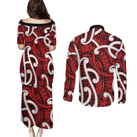 Aotearoa Maori Kowhaiwhai Couples Matching Puletasi and Long Sleeve Button Shirt Whero Puhoro and Patiki LT9 - Polynesian Pride