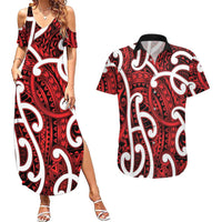 Aotearoa Maori Kowhaiwhai Couples Matching Summer Maxi Dress and Hawaiian Shirt Whero Puhoro and Patiki LT9 Red - Polynesian Pride