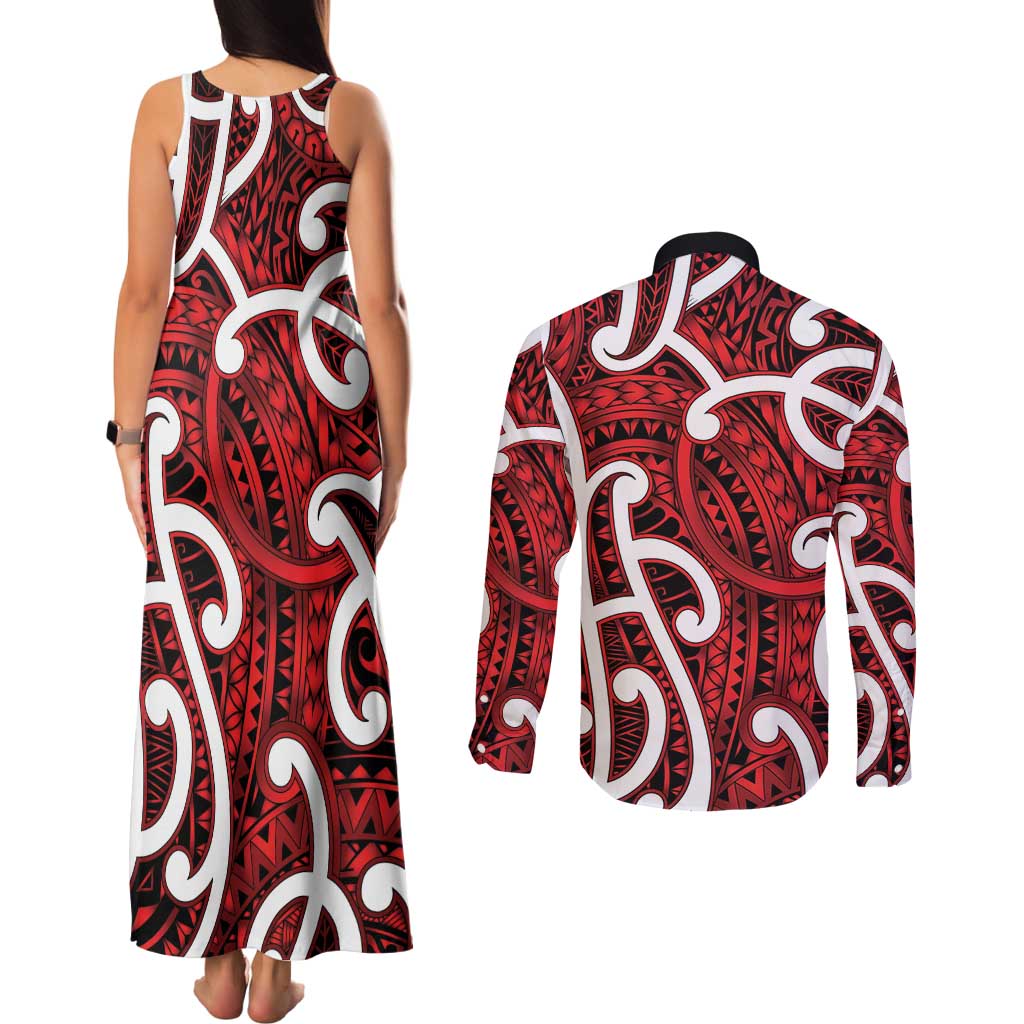 Aotearoa Maori Kowhaiwhai Couples Matching Tank Maxi Dress and Long Sleeve Button Shirt Whero Puhoro and Patiki LT9 - Polynesian Pride