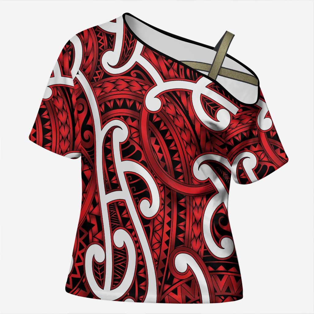 Aotearoa Maori Kowhaiwhai Cross Shoulder Shirt Whero Puhoro and Patiki