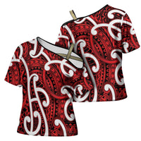 Aotearoa Maori Kowhaiwhai Cross Shoulder Shirt Whero Puhoro and Patiki