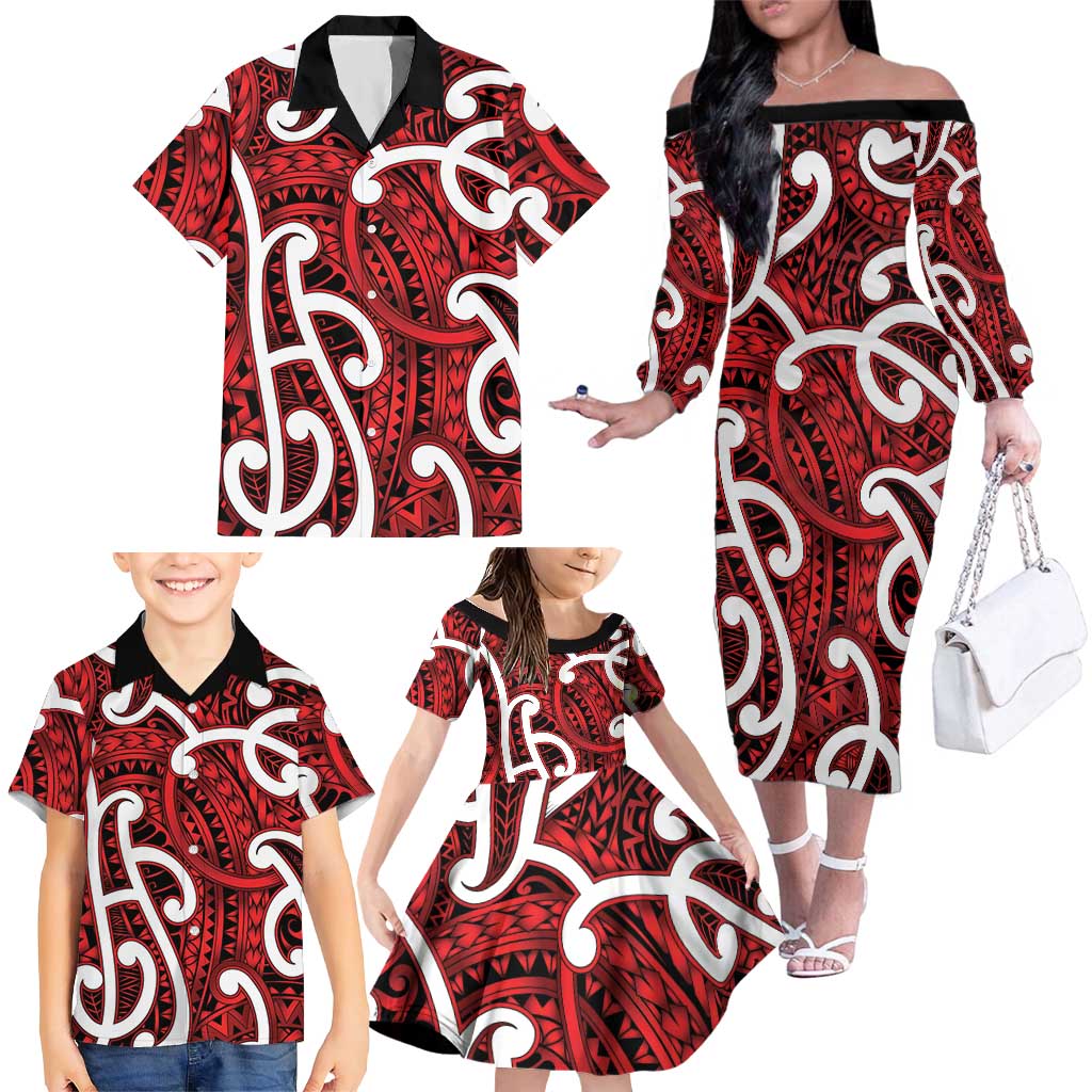 Aotearoa Maori Kowhaiwhai Family Matching Off The Shoulder Long Sleeve Dress and Hawaiian Shirt Whero Puhoro and Patiki LT9 - Polynesian Pride