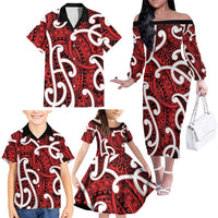 Aotearoa Maori Kowhaiwhai Family Matching Off The Shoulder Long Sleeve Dress and Hawaiian Shirt Whero Puhoro and Patiki LT9 - Polynesian Pride