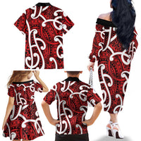 Aotearoa Maori Kowhaiwhai Family Matching Off The Shoulder Long Sleeve Dress and Hawaiian Shirt Whero Puhoro and Patiki LT9 - Polynesian Pride