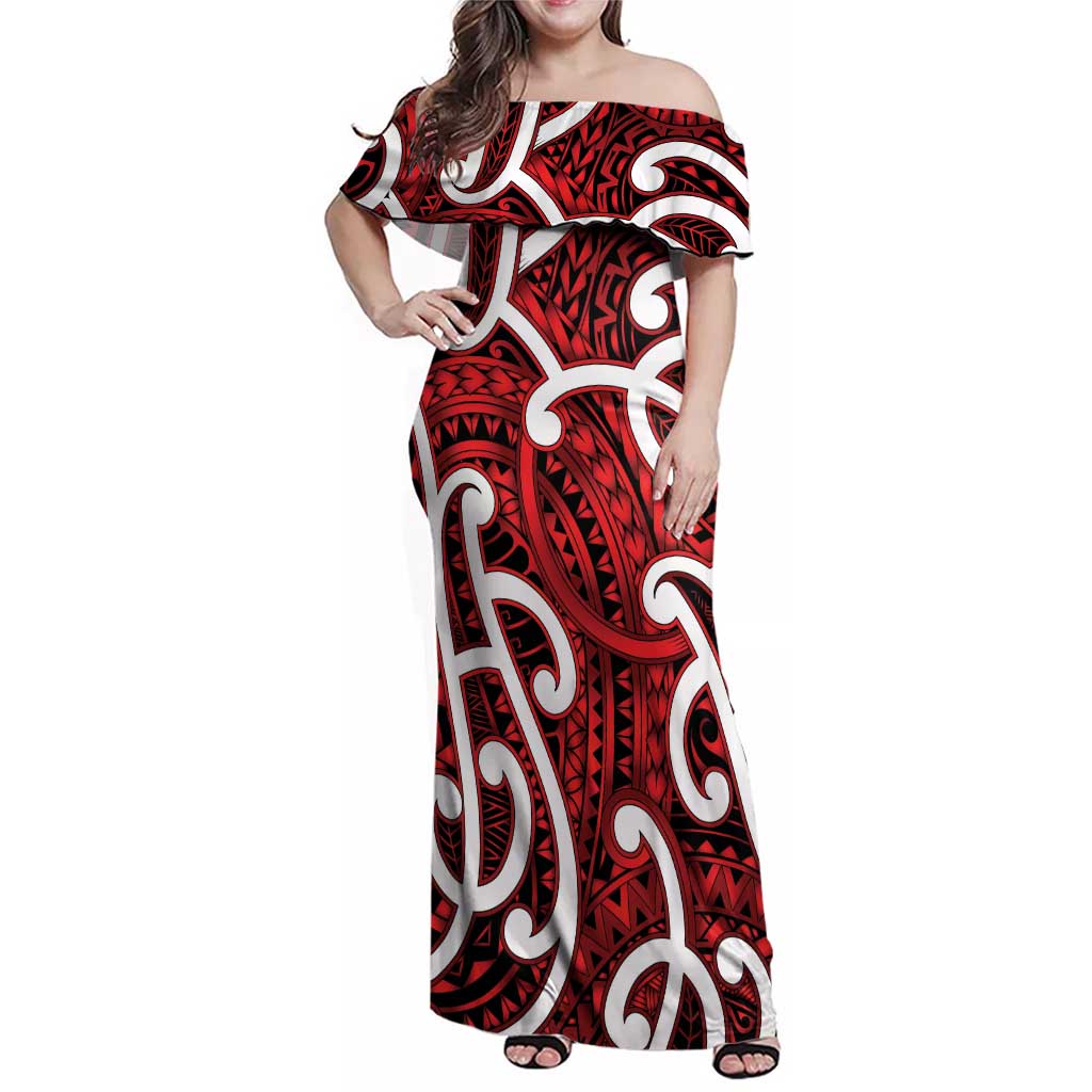 Aotearoa Maori Kowhaiwhai Family Matching Off Shoulder Maxi Dress and Hawaiian Shirt Whero Puhoro and Patiki LT9 Mom's Dress Red - Polynesian Pride