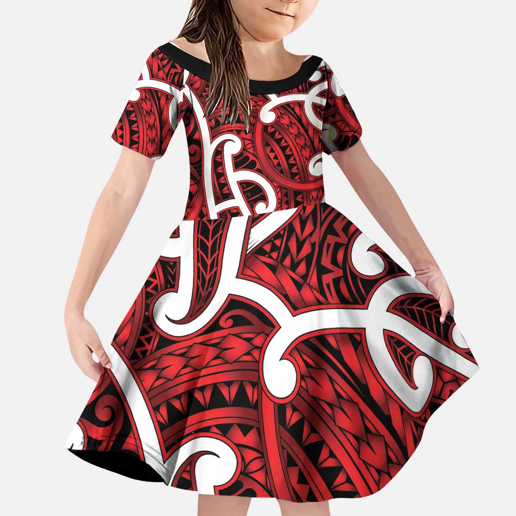Aotearoa Maori Kowhaiwhai Family Matching Summer Maxi Dress and Hawaiian Shirt Whero Puhoro and Patiki LT9 Daughter's Dress Red - Polynesian Pride