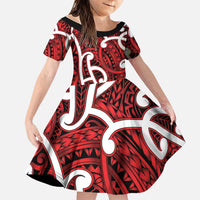 Aotearoa Maori Kowhaiwhai Family Matching Summer Maxi Dress and Hawaiian Shirt Whero Puhoro and Patiki LT9 Daughter's Dress Red - Polynesian Pride