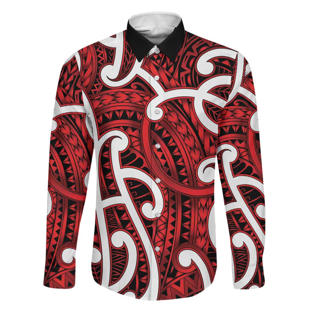 Aotearoa Maori Kowhaiwhai Family Matching Tank Maxi Dress and Hawaiian Shirt Whero Puhoro and Patiki LT9 Dad's Shirt - Long Sleeve Red - Polynesian Pride