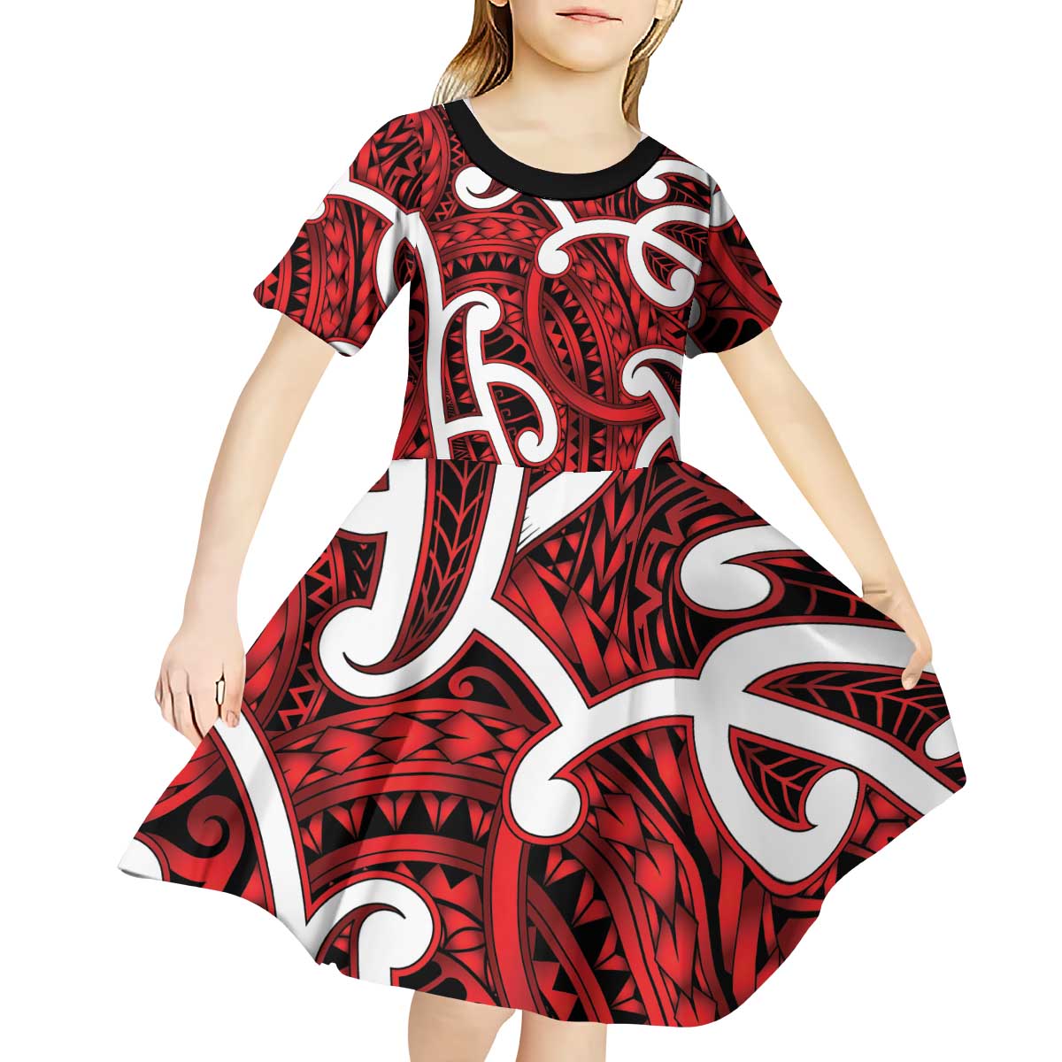 Aotearoa Maori Kowhaiwhai Kid Short Sleeve Dress Whero Puhoro and Patiki LT9 - Polynesian Pride