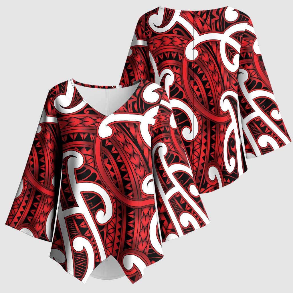 Aotearoa Maori Kowhaiwhai Kimono Sleeve Blouse Whero Puhoro and Patiki