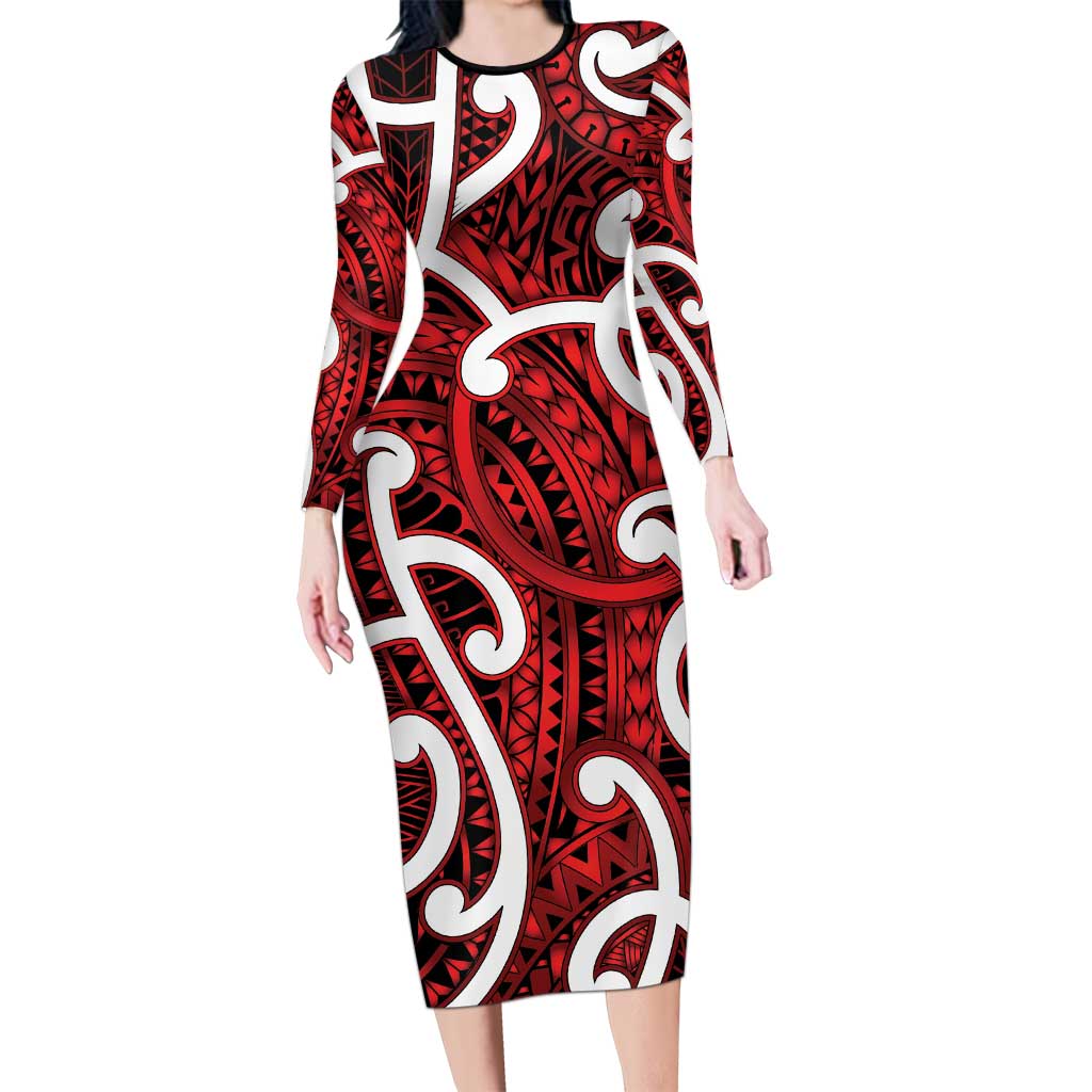 Aotearoa Maori Kowhaiwhai Long Sleeve Bodycon Dress Whero Puhoro and Patiki