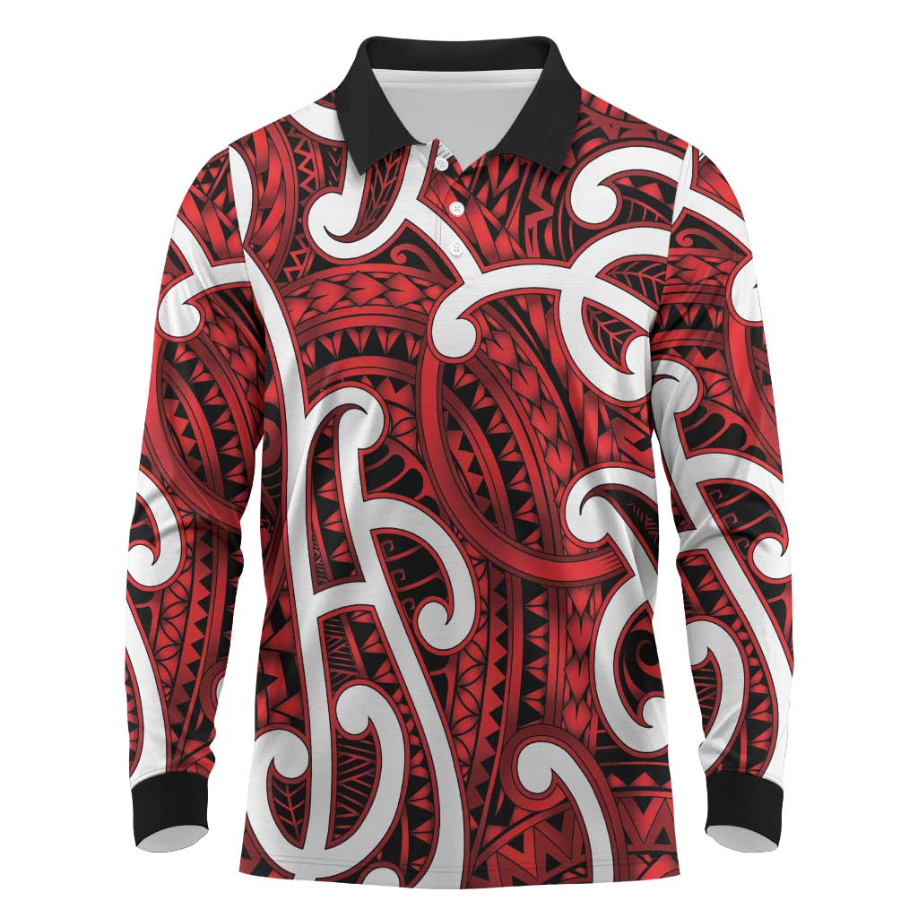 Aotearoa Maori Kowhaiwhai Long Sleeve Polo Shirt Whero Puhoro and Patiki LT9 Red - Polynesian Pride