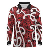 Aotearoa Maori Kowhaiwhai Long Sleeve Polo Shirt Whero Puhoro and Patiki LT9 Red - Polynesian Pride