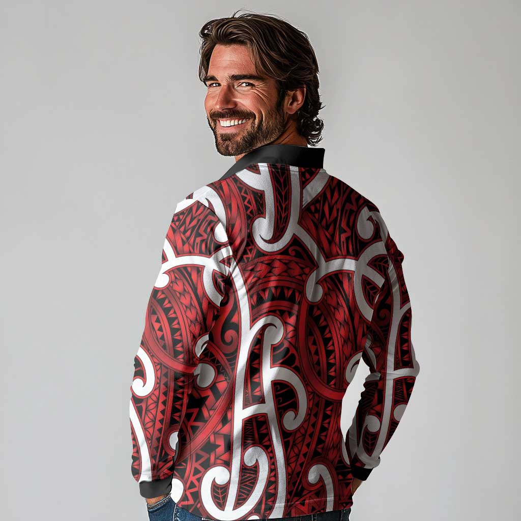 Aotearoa Maori Kowhaiwhai Long Sleeve Polo Shirt Whero Puhoro and Patiki LT9 - Polynesian Pride