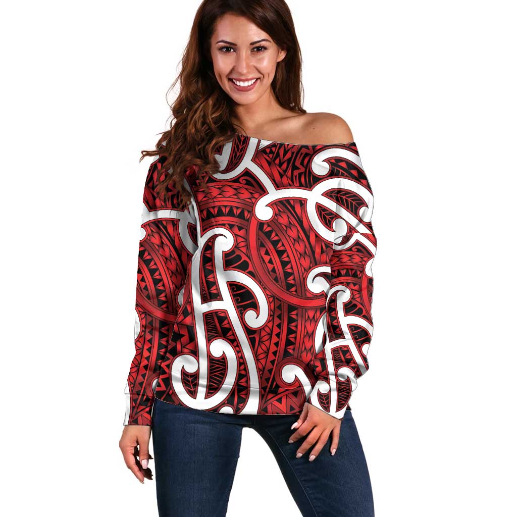 Aotearoa Maori Kowhaiwhai Off Shoulder Sweater Whero Puhoro and Patiki LT9 Women Red - Polynesian Pride
