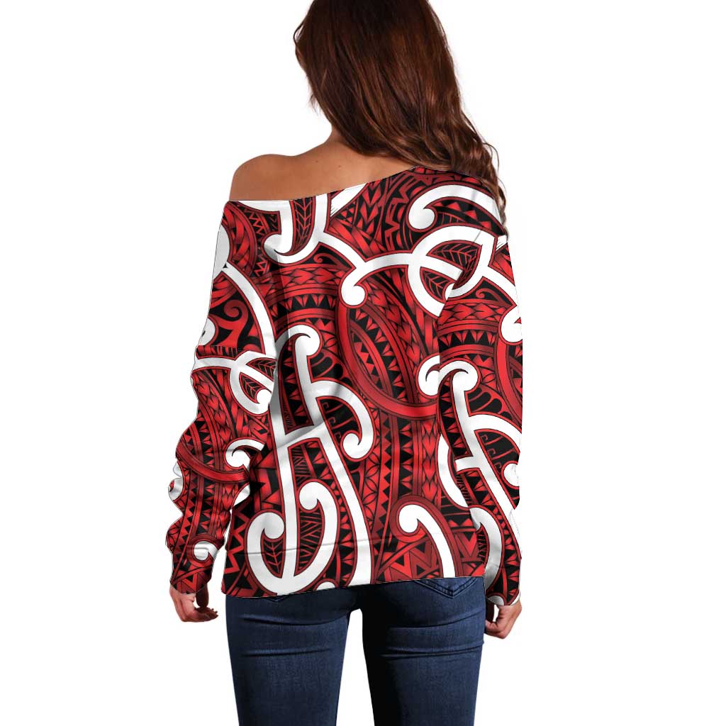 Aotearoa Maori Kowhaiwhai Off Shoulder Sweater Whero Puhoro and Patiki LT9 - Polynesian Pride