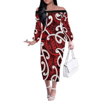 Aotearoa Maori Kowhaiwhai Off The Shoulder Long Sleeve Dress Whero Puhoro and Patiki LT9 Women Red - Polynesian Pride