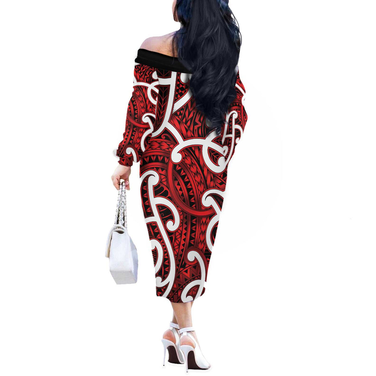 Aotearoa Maori Kowhaiwhai Off The Shoulder Long Sleeve Dress Whero Puhoro and Patiki LT9 - Polynesian Pride