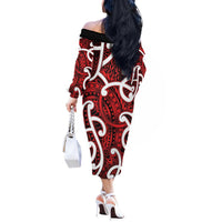 Aotearoa Maori Kowhaiwhai Off The Shoulder Long Sleeve Dress Whero Puhoro and Patiki LT9 - Polynesian Pride