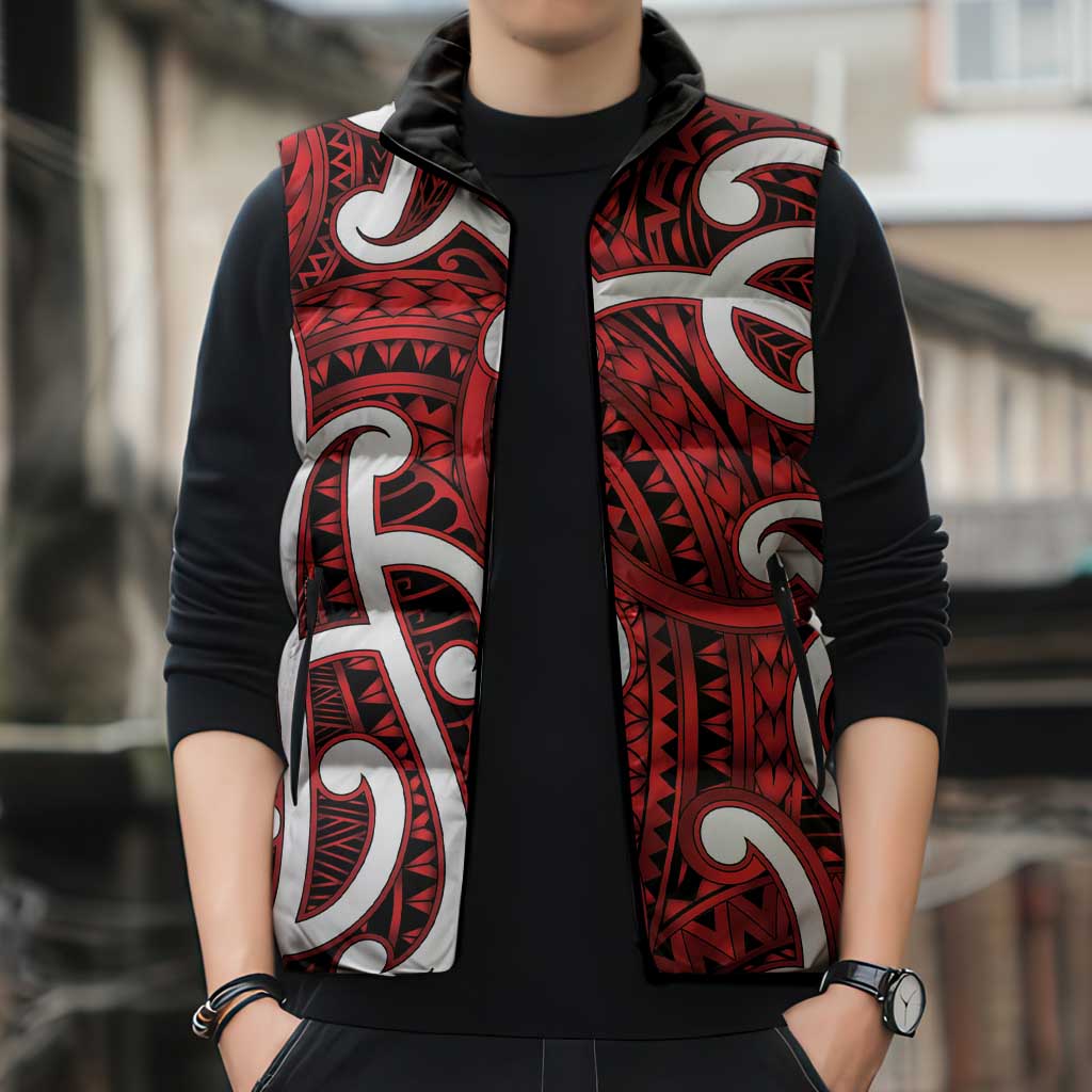 Aotearoa Maori Kowhaiwhai Sleeveless Puffer Jacket Whero Puhoro and Patiki