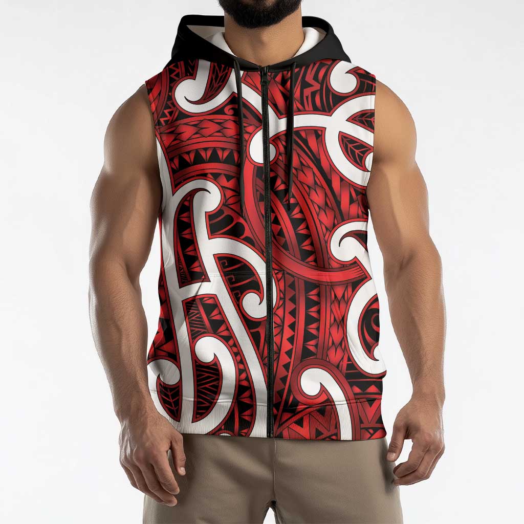 Aotearoa Maori Kowhaiwhai Sleeveless Zip Hoodie Whero Puhoro and Patiki LT9 - Polynesian Pride