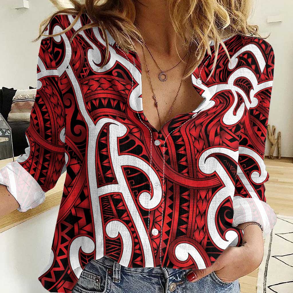 Aotearoa Maori Kowhaiwhai Women Casual Shirt Whero Puhoro and Patiki LT9 Female Red - Polynesian Pride