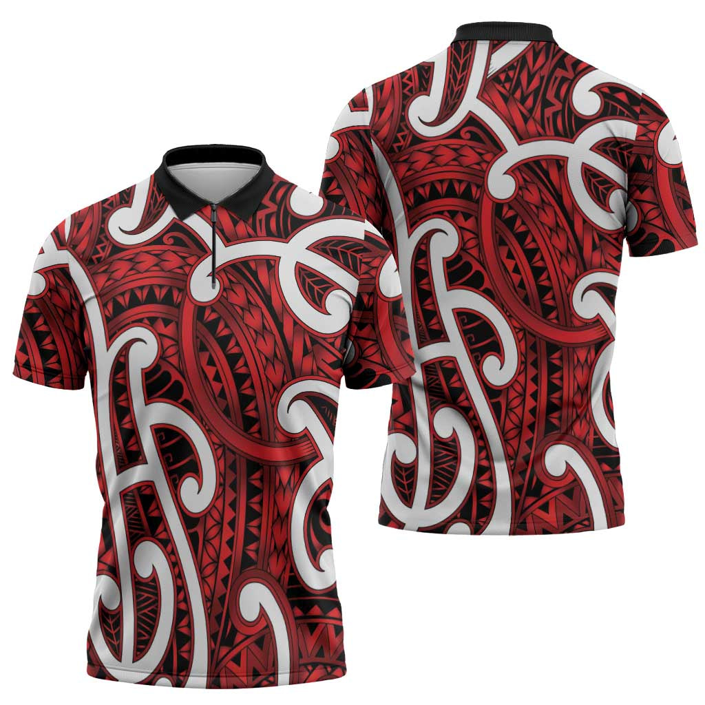 Aotearoa Maori Kowhaiwhai Zipper Polo Shirt Whero Puhoro and Patiki LT9 - Polynesian Pride